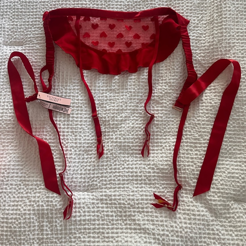 Victoria's Secret Red Heart Mesh Ruffle Garter Belt